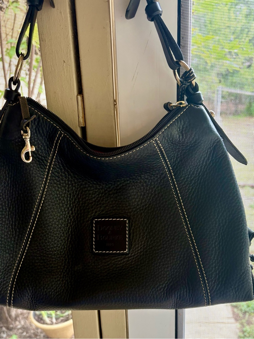 Dooney & Bourke Black Pebbled Leather Shoulder Bag with Contrast Stitching